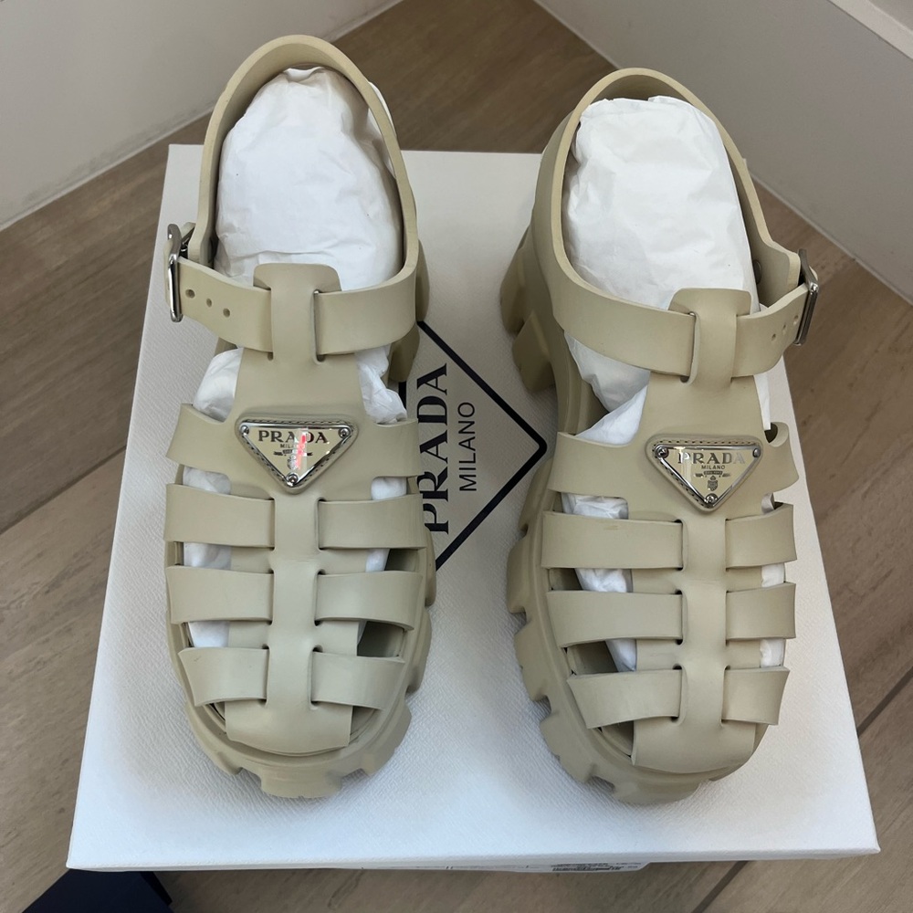 Prada Women's Monolith Cage Platform Fisherman Sandals Rubber Size 38 Beige